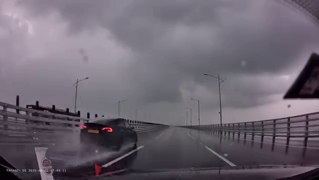 一部深綠色香港單牌Tesla私家車,在港珠澳大橋高速飛馳致水花四濺。FB:車Cam L(香港群組) 一部深綠色香港單牌Tesla私家車,在港珠澳大橋高速飛馳致水花四濺。FB:車Cam L(香港群組)