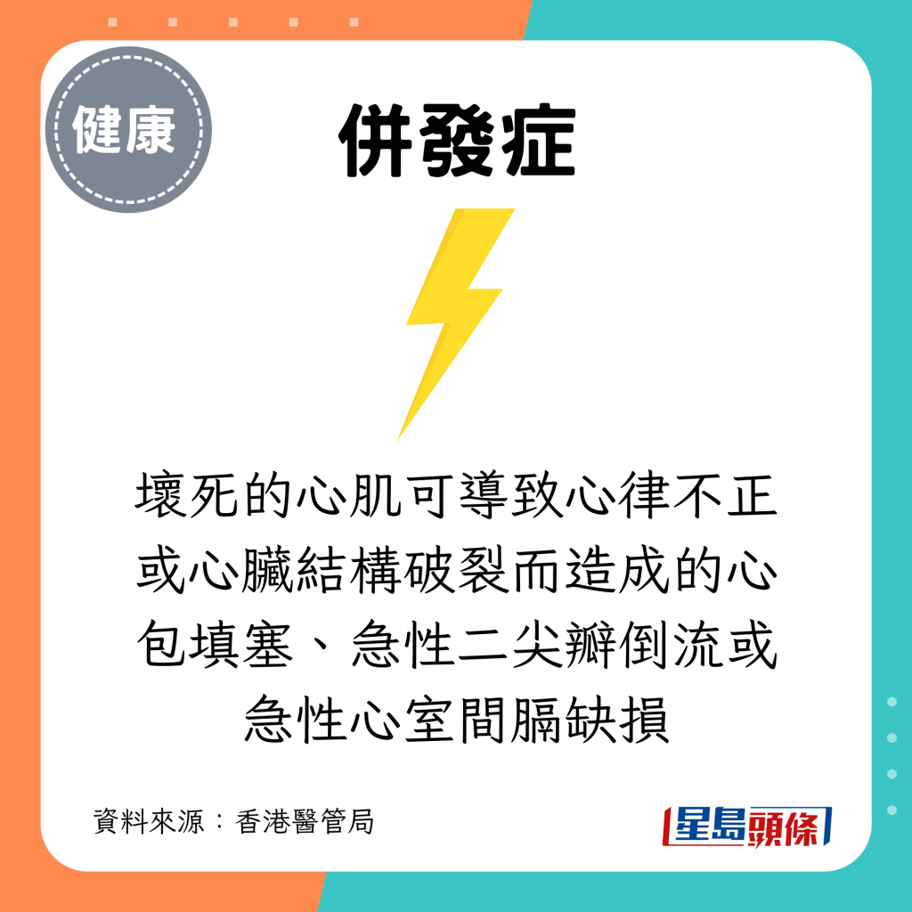 壞死的心肌可導致心律不正或心臟結構破裂而造成的心包填塞、急性二尖瓣倒流或急性心室間膈缺損