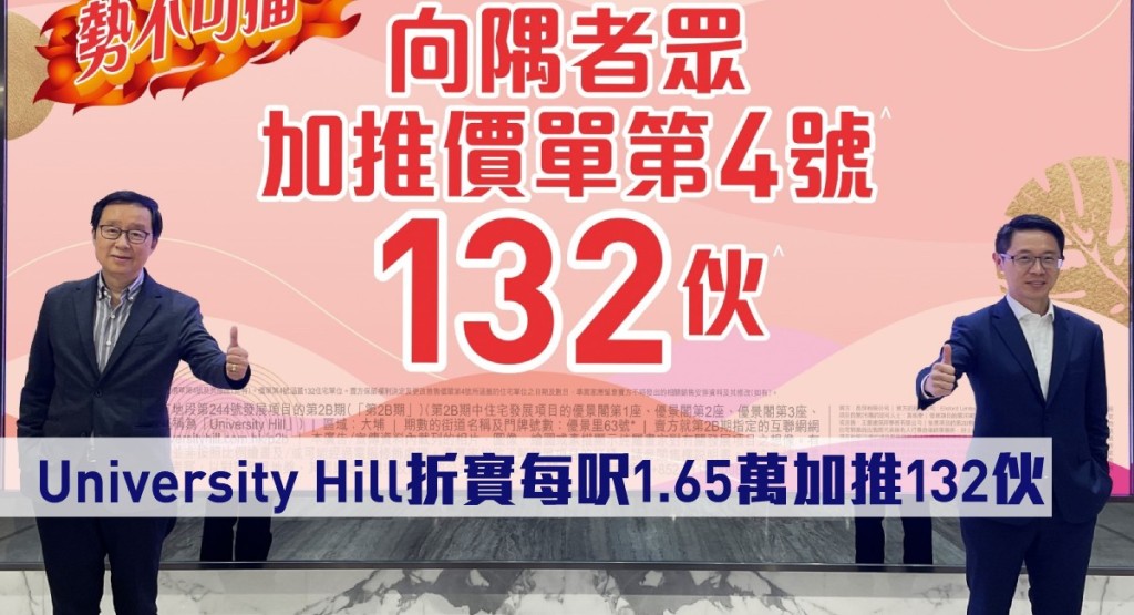 University Hill折實每呎1.65萬加推132伙。