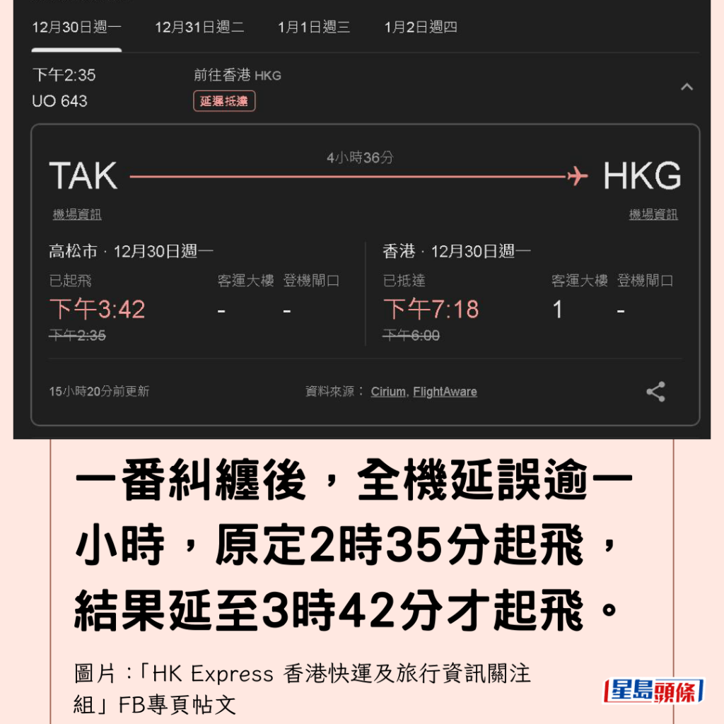  一番纠缠后，全机延误逾一小时，原定2时35分起飞，结果延至3时42分才起飞。