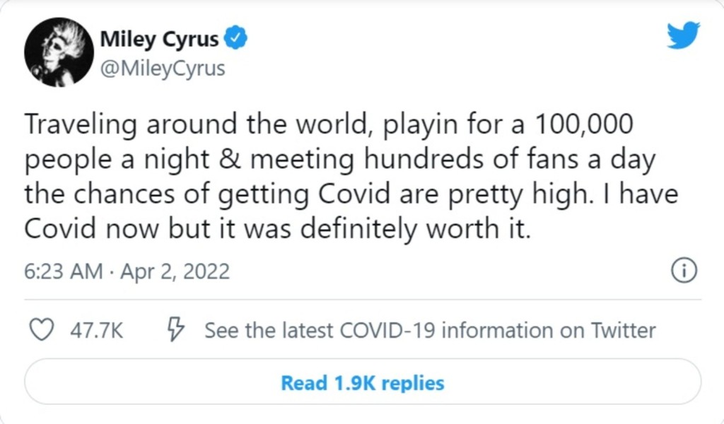 Miley在社交網公開確診消息，但認為能到南美巡演也是值得。