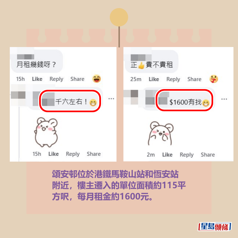 頌安邨位於港鐵馬鞍山站和恆安站 附近,樓主遷入的單位面積約115平 方呎,每月租金約1600元。fb「公屋討論區 - 香港facebook群組」截圖 頌安邨位於港鐵馬鞍山站和恆安站 附近,樓主遷入的單位面積約115平 方呎,每月租金約1600元。fb「公屋討論區 - 香港facebook群組」截圖