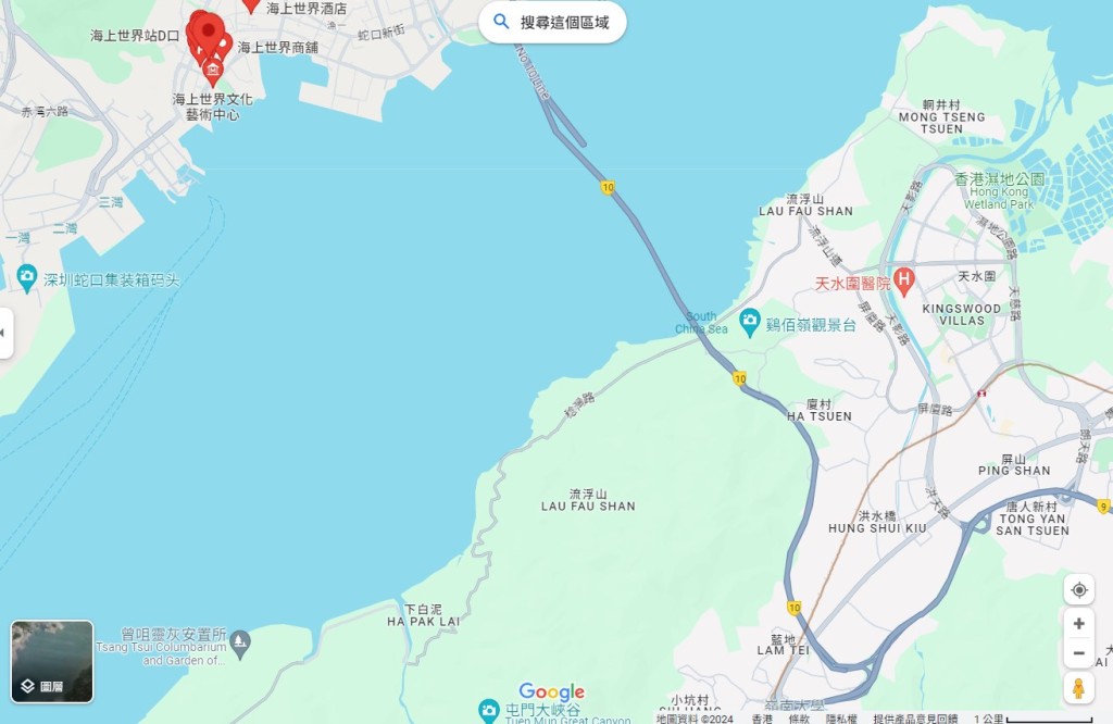 海上世界海滨对岸便是香港。Google地图截图