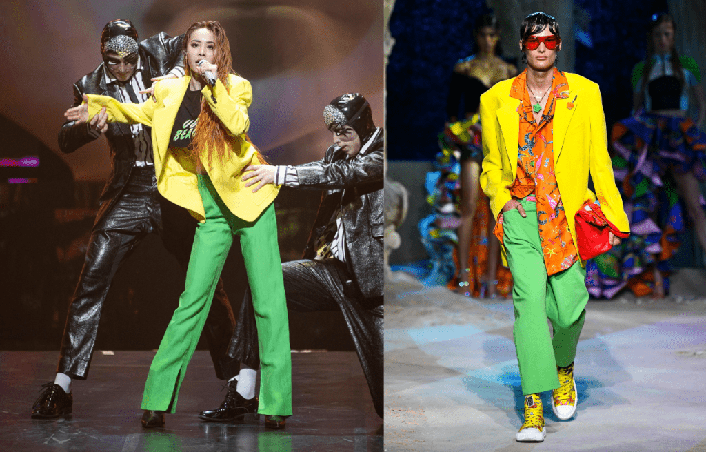 同樣來自Versace春夏系列的鮮黃色西裝褸襯以鮮綠色長褲，另配襯高跟尖頭靴，搶眼型格，也迎合了今季中性打扮的時尚潮流。