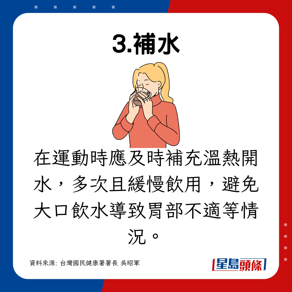 在運動時應及時補充溫熱開水，多次且緩慢飲用，避免大口飲水導致胃部不適等情況。