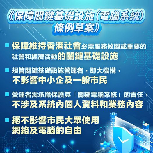 為加強保護關鍵基礎設施電腦系統安全，保安局建議訂立《保障關鍵基礎設施（電腦系統）條例草案》。鄧炳強FB圖片