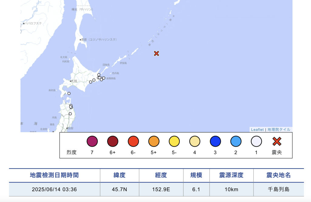 日本氣象廳公布,今日凌晨3時,鄰近日本東北的千島列島附近海域發生規模6.1級地震,震源深度約10公里,屬淺層地震。 日本氣象廳公布,今日凌晨3時,鄰近日本東北的千島列島附近海域發生規模6.1級地震,震源深度約10公里,屬淺層地震。
