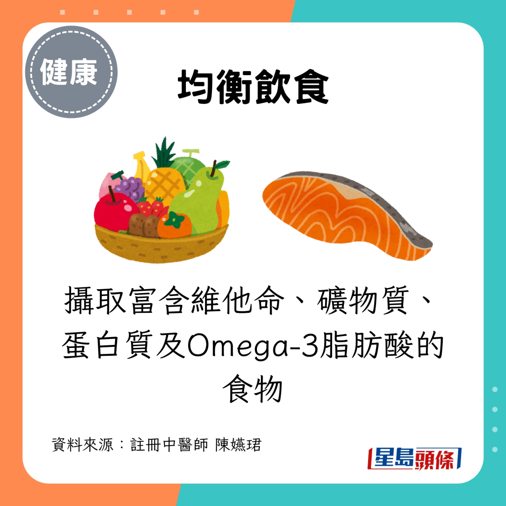 摄取富含维他命、矿物质、蛋白质及Omega-3脂肪酸的食物