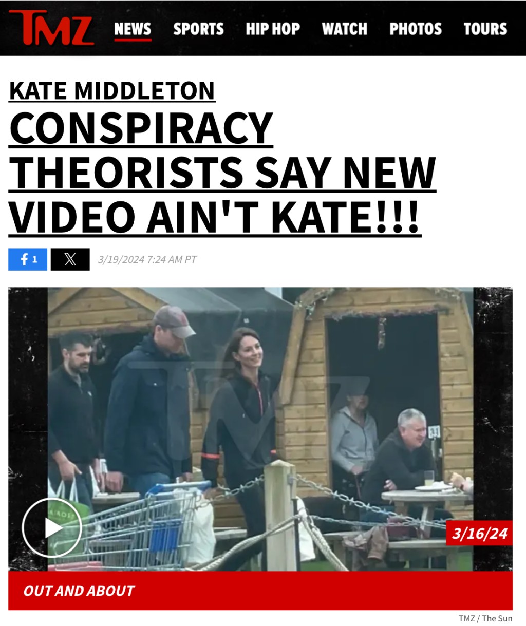 有份发布凯特“术后首次露面”影片的TMZ也报道了网民的质疑。