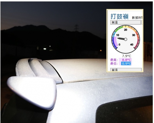 今早打鼓嶺錄得只有0.9度，車身亦鋪上一層霜。丁志雄攝
