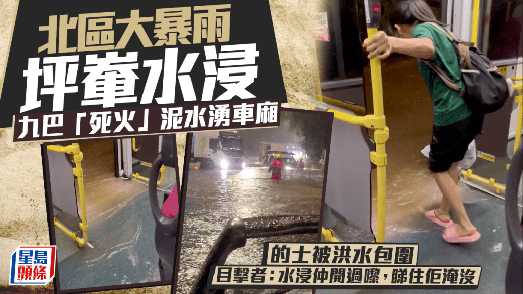 坪輋水浸九巴「死火」泥水湧入車廂 女乘客涉水離開 消防到場協助。