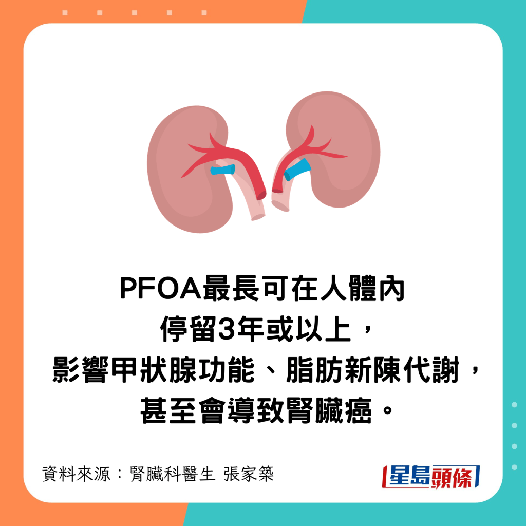 PFOA最長可在人體內停留3年或以上，導致腎臟癌。