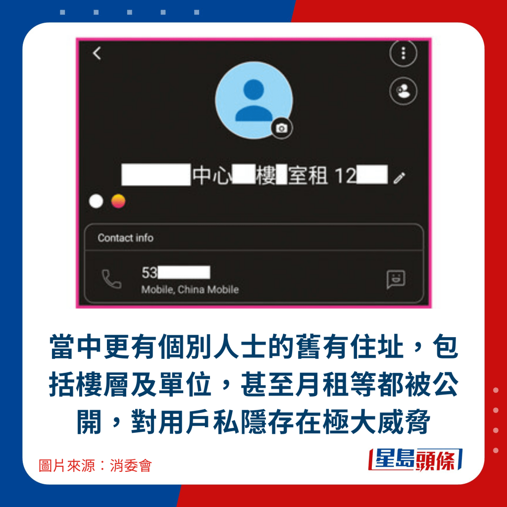 當中更有個別人士的舊有住址，包括樓層及單位，甚至月租等都被公開，對用戶私隱存在極大威脅