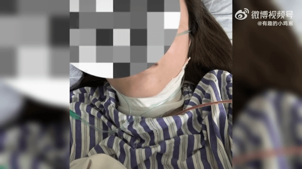 女子被老公家暴割喉，在医院接受治疗。