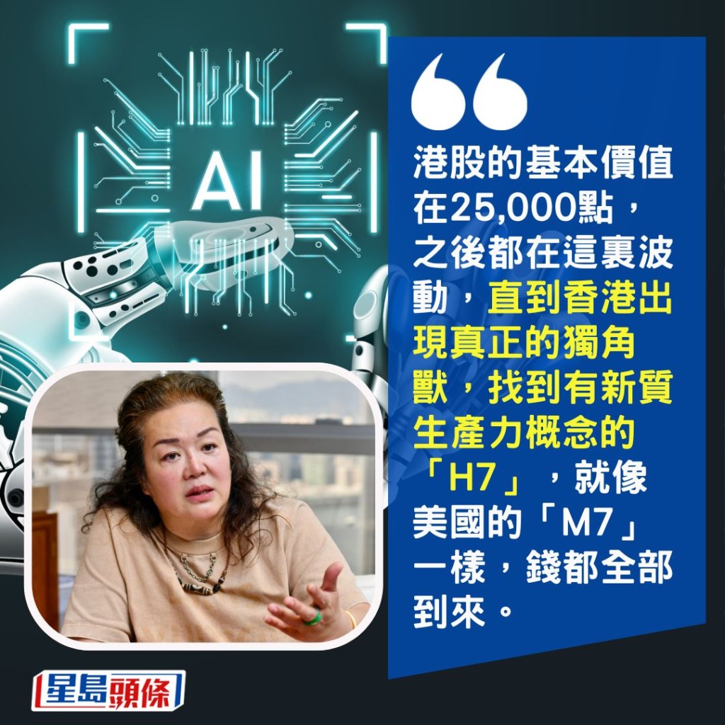「港股的基本價值在25,000點,之後都在這裏波動,直到香港出現真正的獨角獸,找到有新質生產力概念的『H7』,就像美國的『M7』一樣,錢都全部到來。」 「港股的基本價值在25,000點,之後都在這裏波動,直到香港出現真正的獨角獸,找到有新質生產力概念的『H7』,就像美國的『M7』一樣,錢都全部到來。」