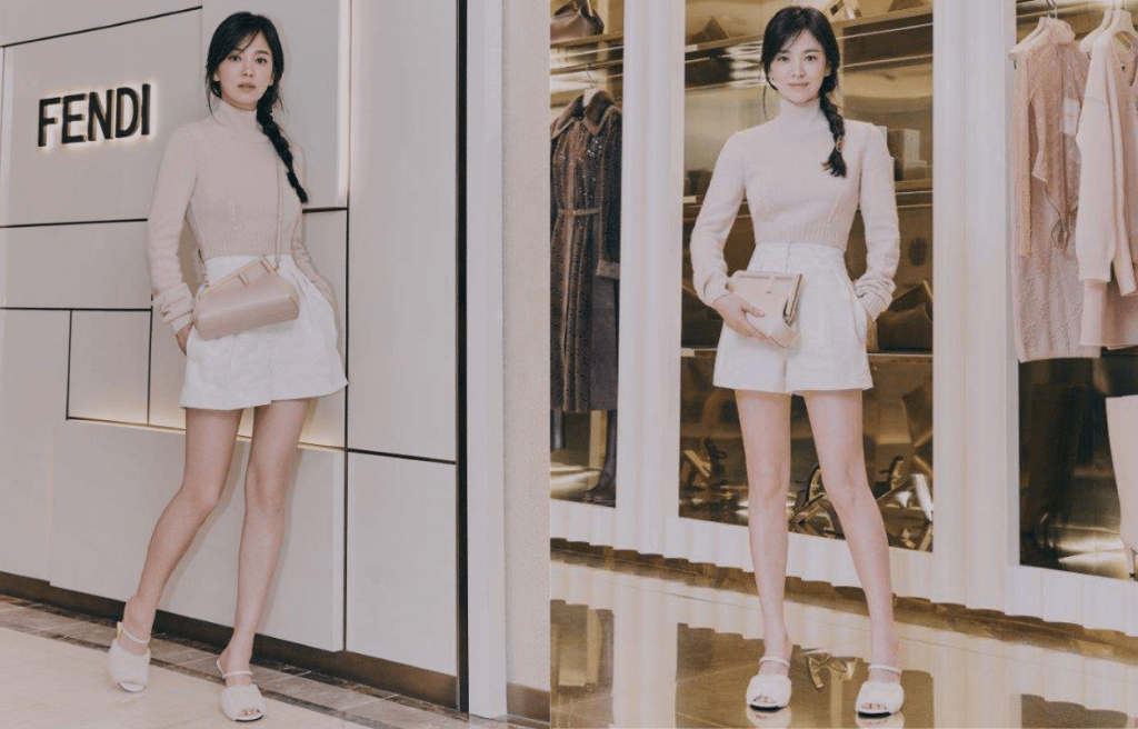 身兼Fendi品牌大使的韓國女星宋慧喬穿着茄士咩上上衣與綴以Karligraphy標誌的白色丹寧布短褲，襯以羊絨皮涼鞋，演繹FENDI First手袋不同的佩戴方法，流露截然不一的美態。
