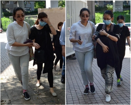 圖左，岑母（黑衣）情緒激動，不斷哭訴：「俾番個仔我！」圖右為孭著稚子到場的岑妻。