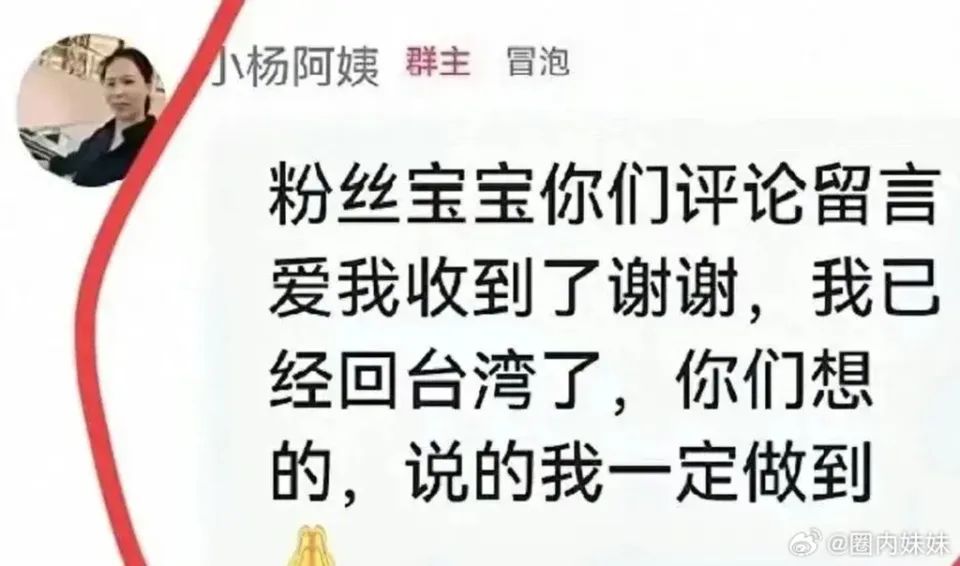楊阿姨指:「粉絲寶寶你們評論留言愛我收到了謝謝,我已經回台灣了,你們想的、說的,我一定做到」,並附上合十的Emoji。 楊阿姨指:「粉絲寶寶你們評論留言愛我收到了謝謝,我已經回台灣了,你們想的、說的,我一定做到」,並附上合十的Emoji。