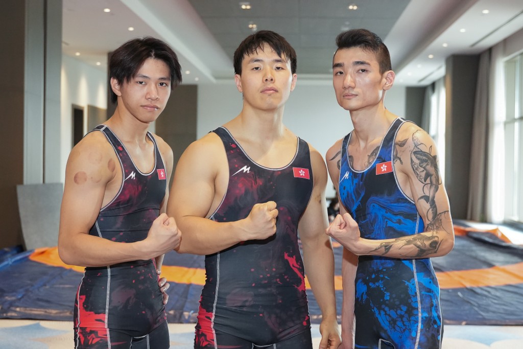 港將：（左起）向籽羲、楊業倬和梁子誠。 中國香港摔跤總會圖片