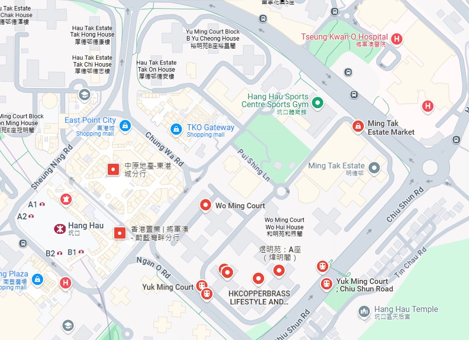 港铁坑口站与附近屋苑分布一览。Google地图截图