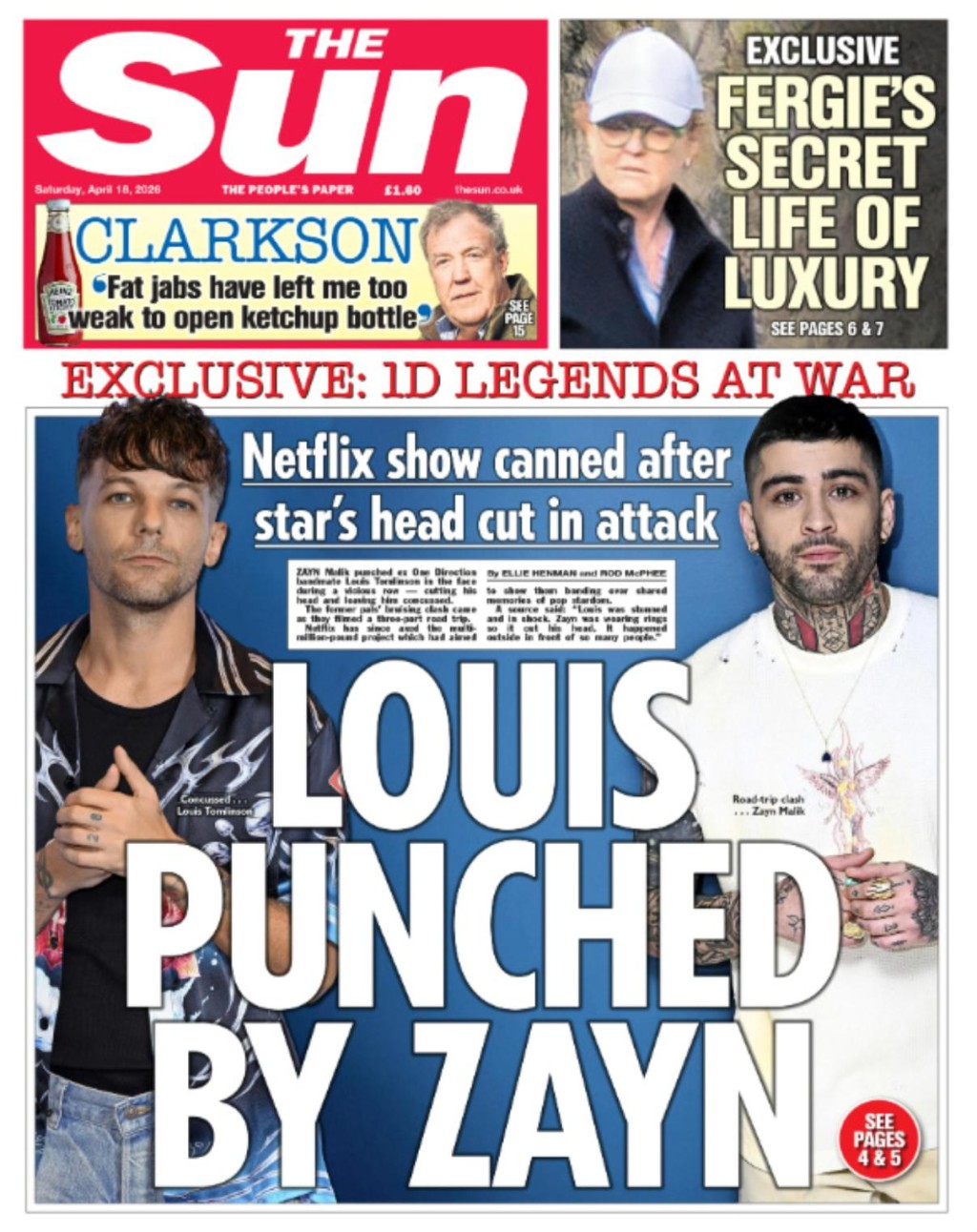 英國《太陽報》今日頭版報道Zayn向Louis大打出手。