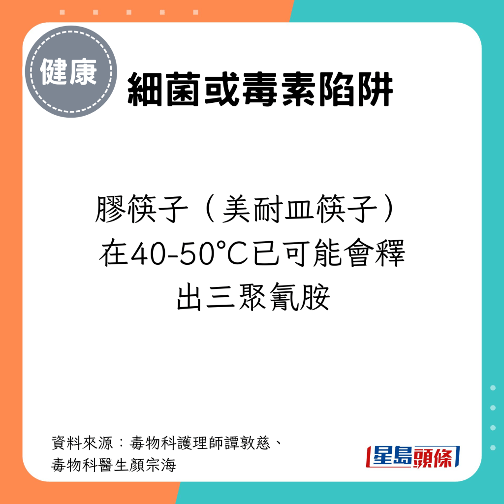 胶筷子（美耐皿筷子）在40-50°C已可能会释出三聚氰胺