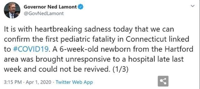康涅狄格州州長奈德·拉蒙特(Ned Lamont)當地時間4月1日在社交媒體上,宣佈了嬰兒的死訊。