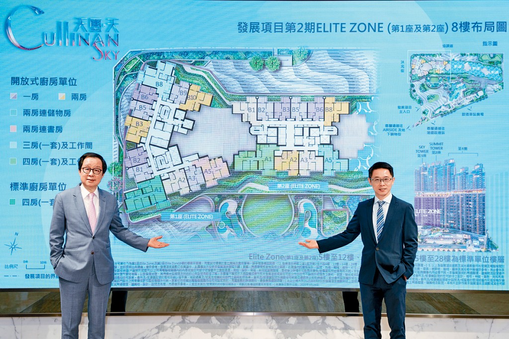 新地雷霆（左）表示，推售部署仍需視乎滿意紙批出的時間。右為胡致遠。