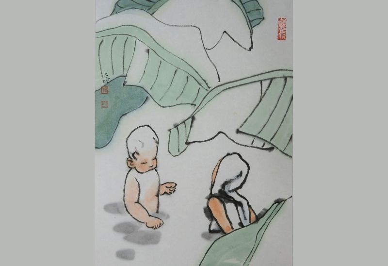 幾片大芭蕉葉下，小孩子半身浸在池塘中，自得其樂。