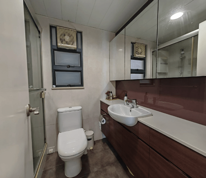 浴室整洁企理，附有多面镜柜设计。