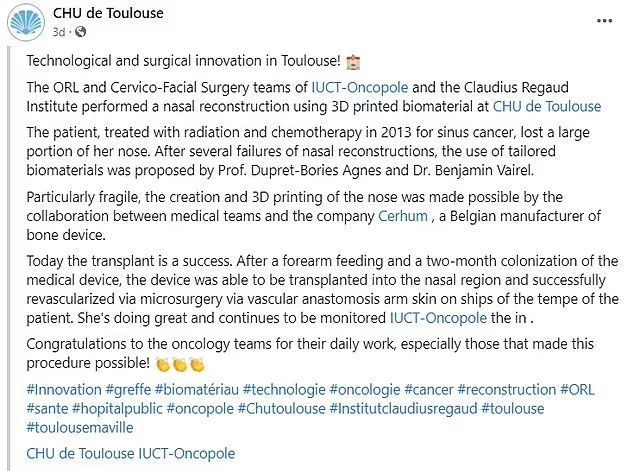 手术由图卢兹的大学医院（CHU）与医材公司Cerhum合作完成。
