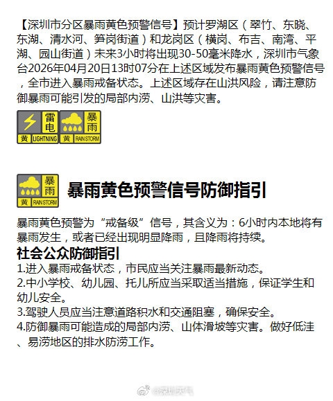 深圳暴雨雷电夹击，双预警生效中。 深圳天气