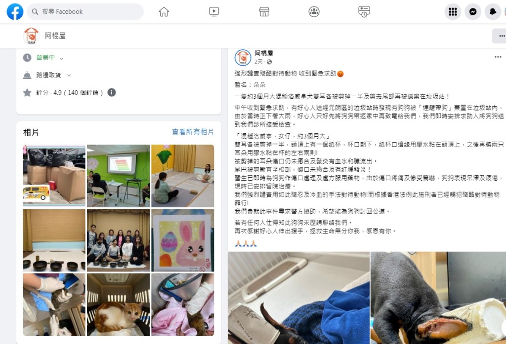 保護動物組織「阿棍屋」上星期在垃圾站救獲三個月大的狗女「朵朵」,發現牠曾受虐待,事件在寵物愛好者之間引起廣泛關注。