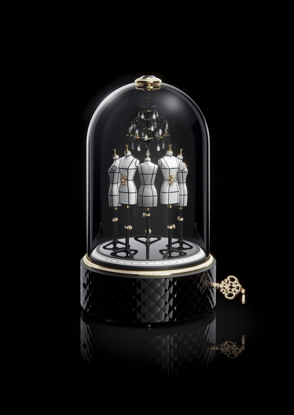 Chanel Couture Workshop Musical Clock，素材：黃金、鑽石及縞瑪瑙／機芯：手上鏈／售價：待詢（獨一無二孤品）。 