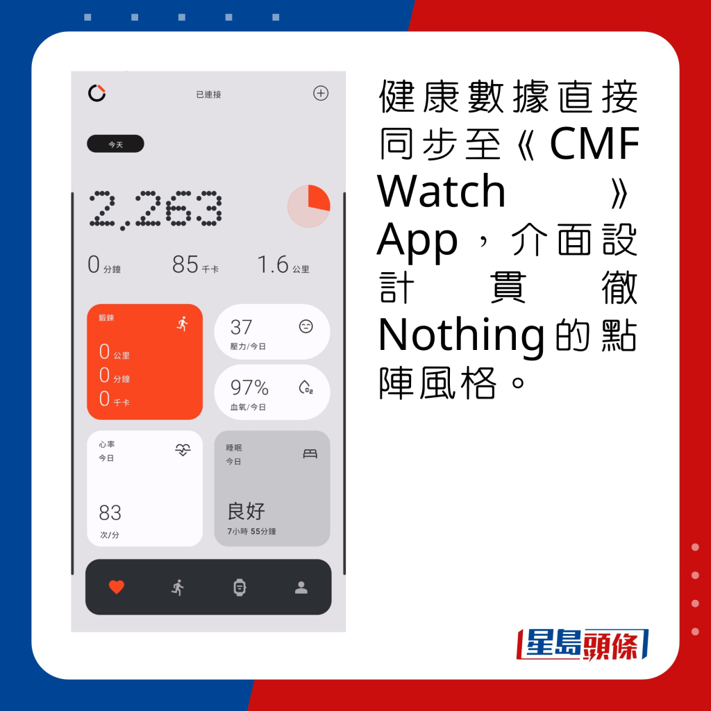 健康数据直接同步至《CMF Watch》App，介面设计贯彻Nothing的点阵风格。