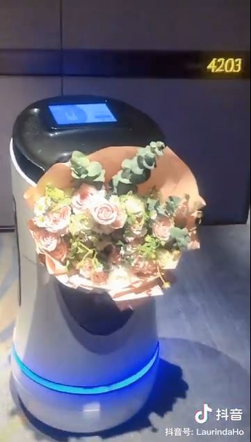 半个人咁高嘅机械人拎住花企喺门前。