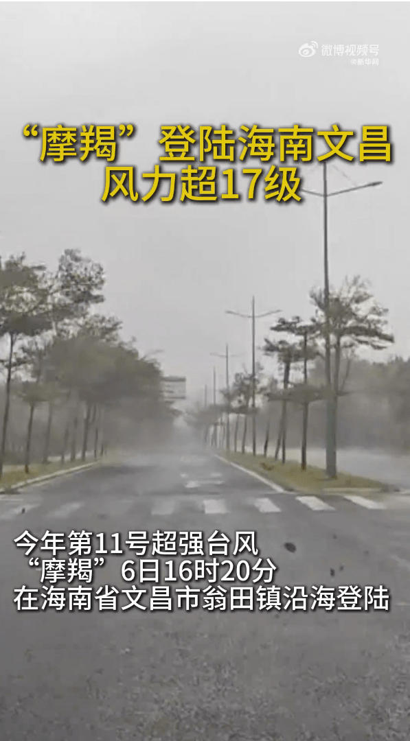 狂風暴雨吹襲海南省的街道。（微博）