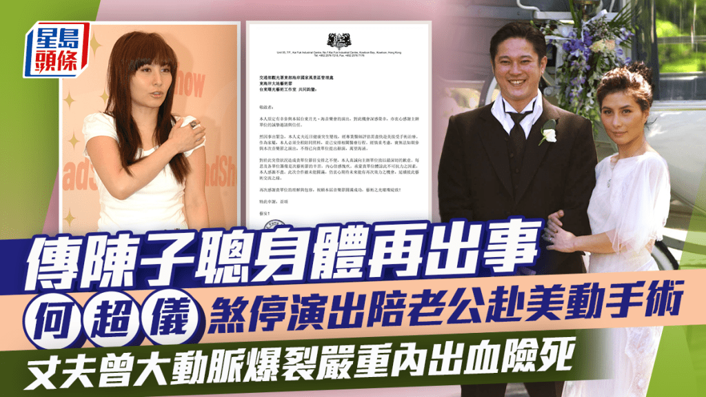 陳子聰身體再出事   何超儀煞停演出陪老公赴美動手術  丈夫曾大動脈爆裂致嚴重內出血險死