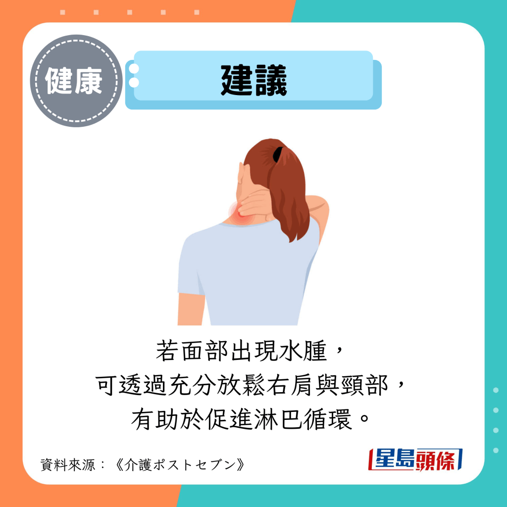建议：若面部出现水肿， 可透过充分放松右肩与颈部， 有助于促进淋巴循环。
