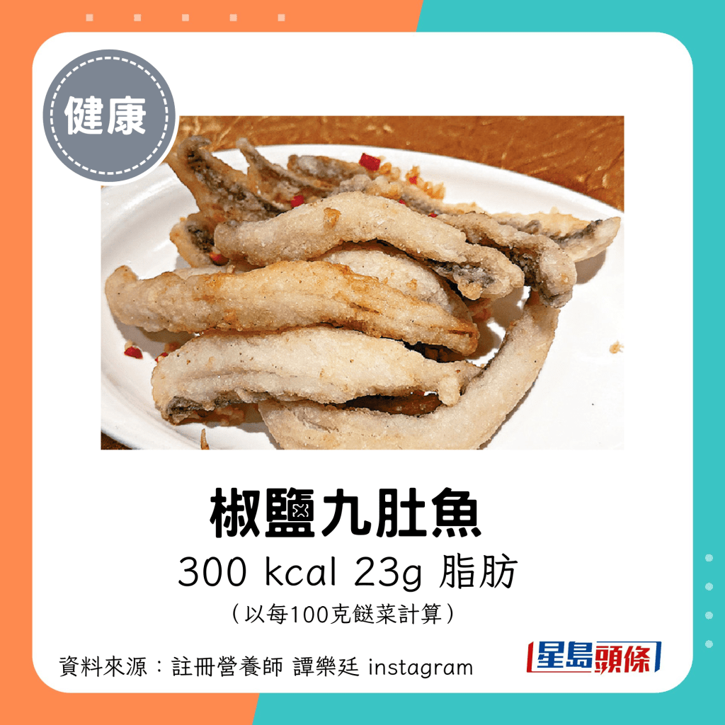 椒盐九肚鱼：300 kcal、23g 脂肪