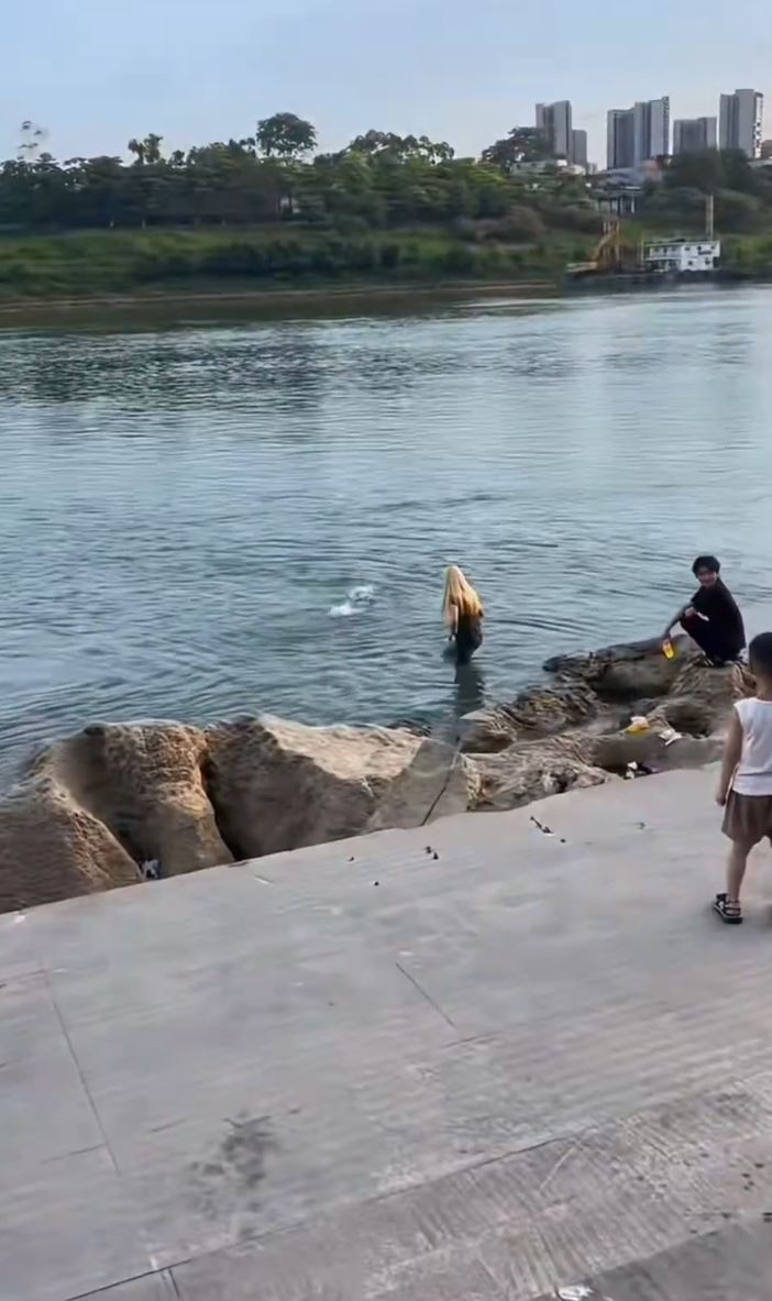 少女落水遇溺后，只有金发女试图营救，但另一男伴则只在岸边饮奶茶。