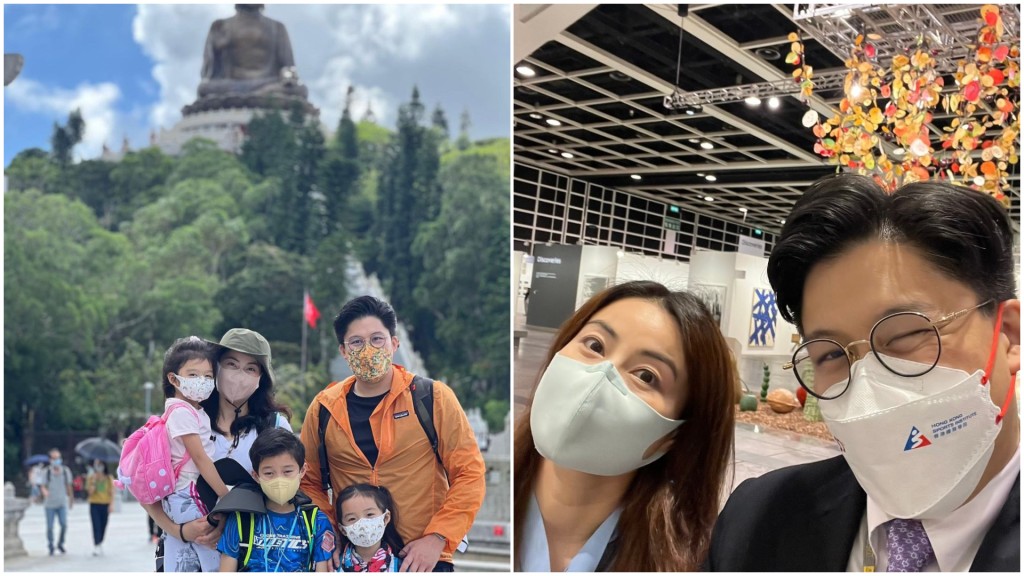 霍啟剛郭晶晶著行山裝貼地遊昂坪 兩囡囡紮辮仔加波鞋仔超可愛