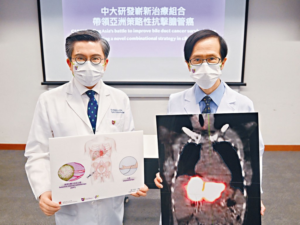 余俊豪教授(右)及陳林教授介紹肝內膽管癌新療法。