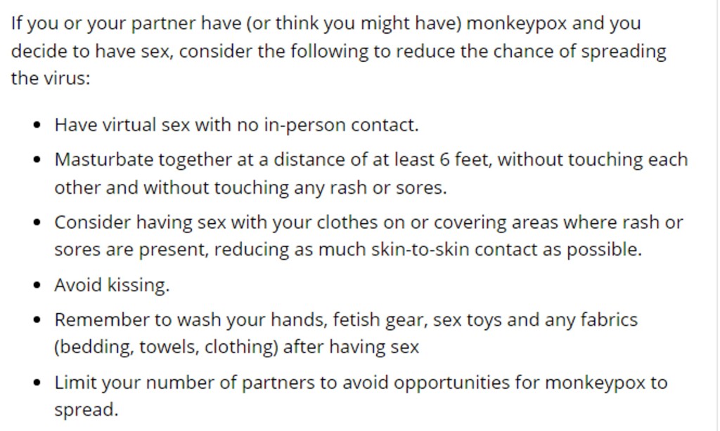 美国疾病控制及预防中心（CDC）公布猴痘患者「性爱指引」，有网民批评「离地」。（美国CDC网站截图）