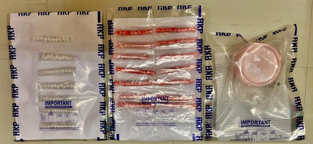 警方在單位内檢獲二百一十粒完成分銷包裝的懷疑海洛英、六十一克懷疑海洛英及一批包裝工具。