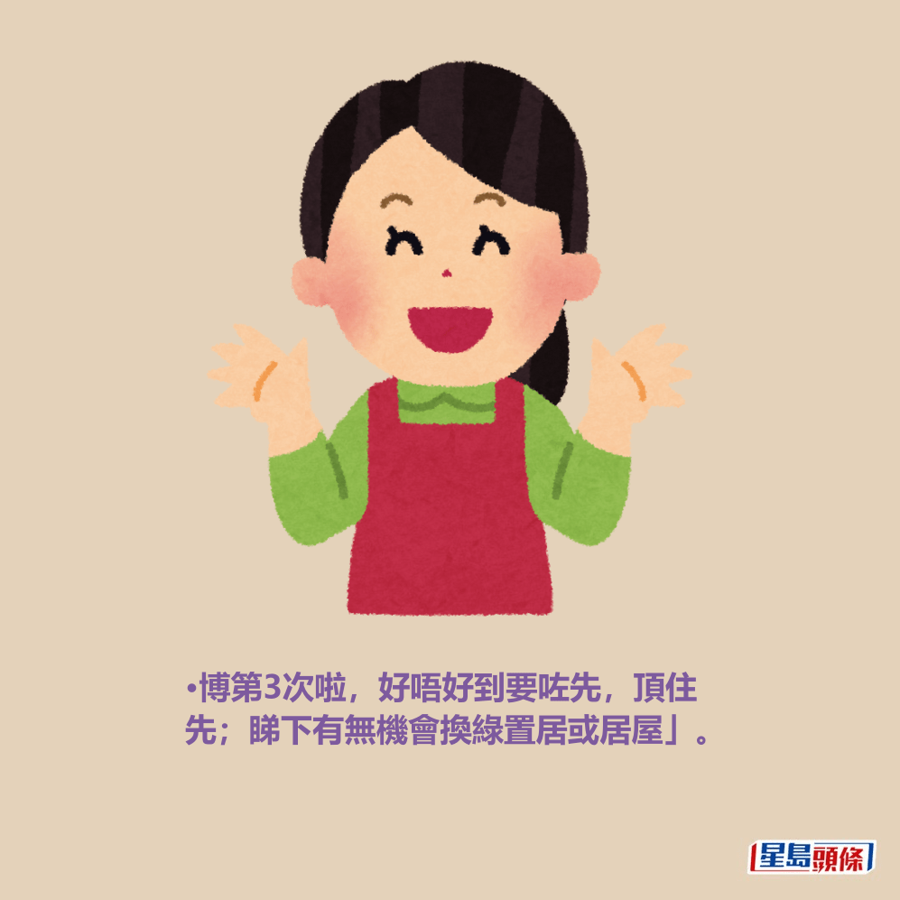 •博第3次啦,好唔好到要咗先,頂住 先;睇下有無機會換綠置居或居屋」。 •博第3次啦,好唔好到要咗先,頂住 先;睇下有無機會換綠置居或居屋」。