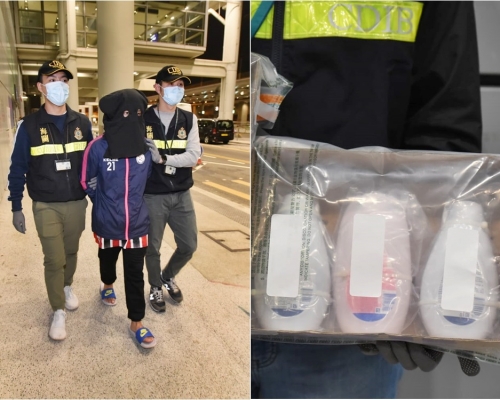 機場海關在一名巴西到港旅客行李中檢獲320萬懷疑液態可卡因。黃文威攝