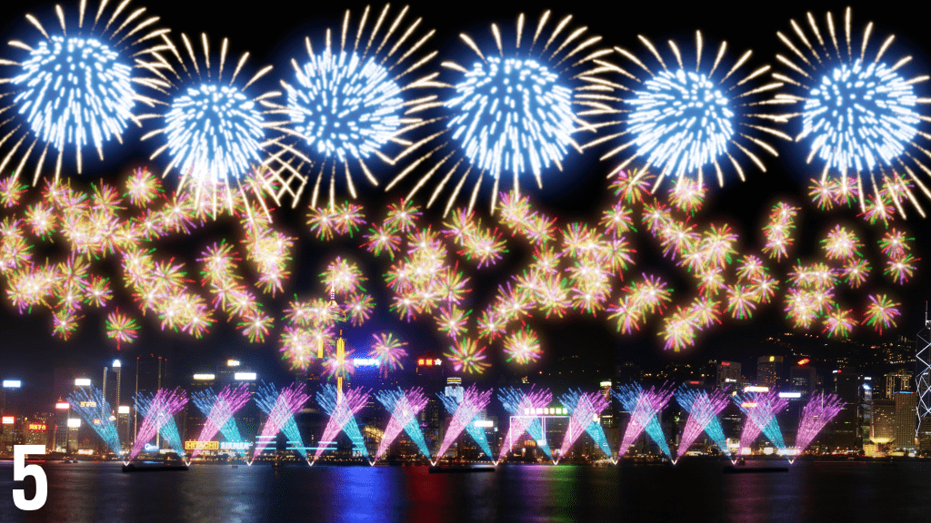 第五幕出现的彩色绣球烟 花是首次在港展示，单一烟 花爆发后，会呈现出环形、 螺旋及冠环等多个造型。大会提供