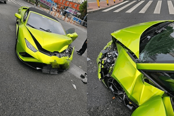 林寶堅尼新車落地，卻被駕校訓練車撞得嚴重損毀。抖音截圖