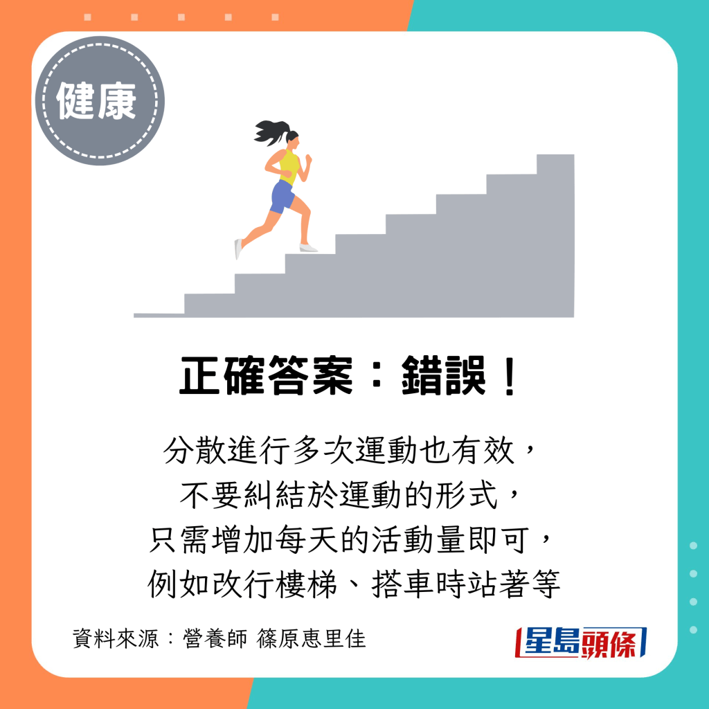 分散進行多次運動也有效， 不要糾結於運動的形式， 只需增加每天的活動量即可， 例如改行樓梯、搭車時站着等